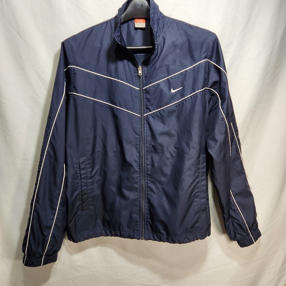Vintage Nike Swoosh Navy Blue Windbreaker‎ Jacket Size XL Mesh Lined Silver Tag